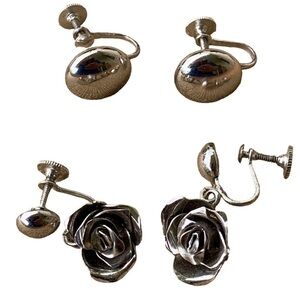 Vintage Silvertone Coro Screwback Earrings Group Lot of 2 Flowers Signed